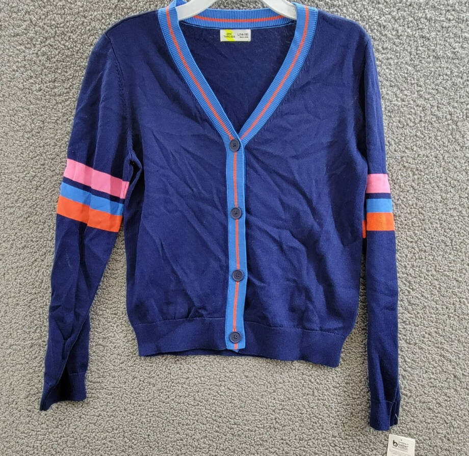 Epic Threads Varsity Cardigan Big Girl L (14-16) Medieval Blue Vneck Long Sleeve