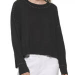DKNY Studded Crew Neck Sweater Women's S Black Ribbed Hem Long Sleeve Pullover
