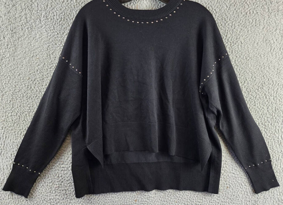 DKNY Studded Crew Neck Sweater Women's S Black Ribbed Hem Long Sleeve Pullover
