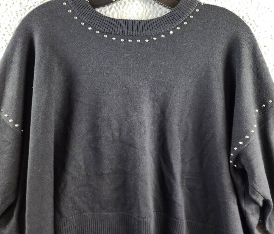 DKNY Studded Crew Neck Sweater Women's S Black Ribbed Hem Long Sleeve Pullover