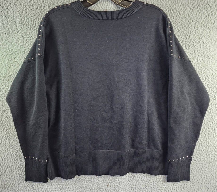 DKNY Studded Crew Neck Sweater Women's S Black Ribbed Hem Long Sleeve Pullover