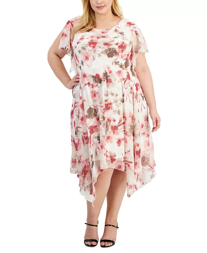 Robbie Bee Plus Size Floral Flutter-Sleeve Hankie-Hem Dress Women's 24W Cream