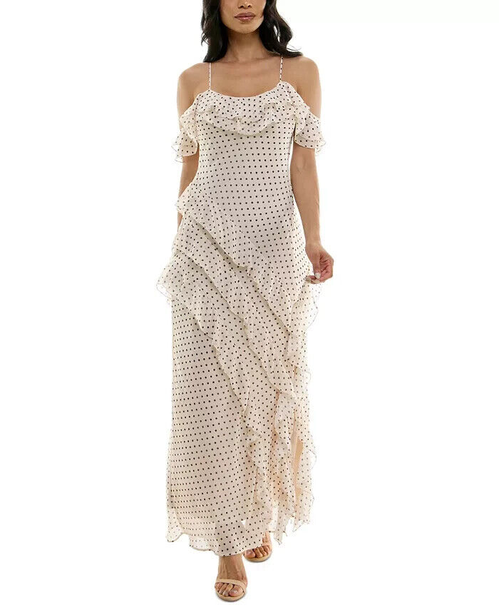 Speechless Scoop-Neck Ruffled-Chiffon Maxi Dress Juniors' M Cream/Black Side Zip