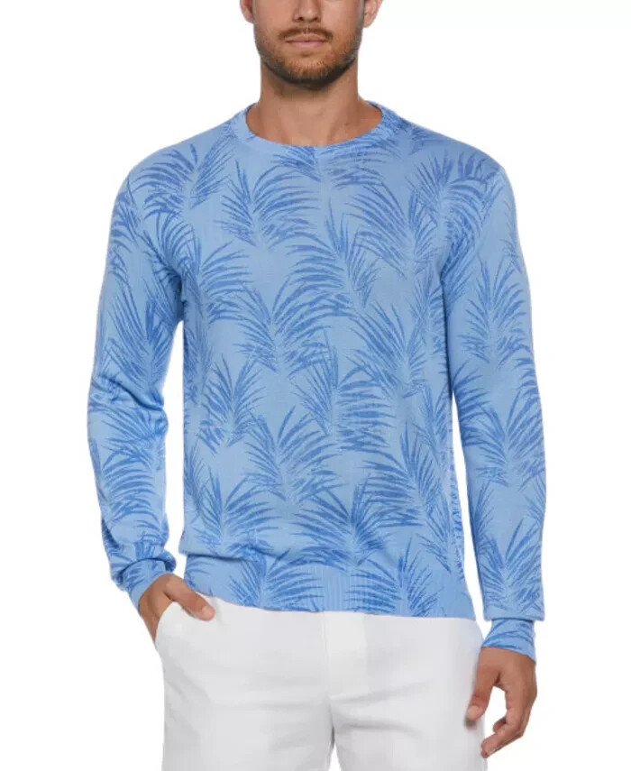 Cubavera Palm Print Crewneck Jacquard Sweater Men's L Della Robin Blue Pullover