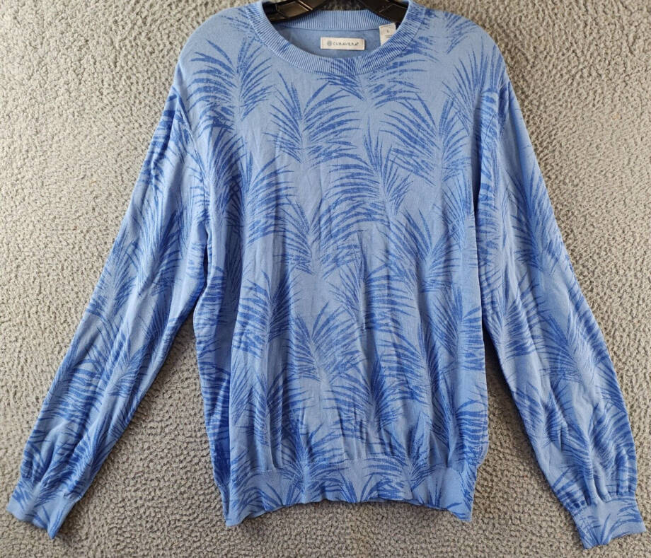 Cubavera Palm Print Crewneck Jacquard Sweater Men's L Della Robin Blue Pullover