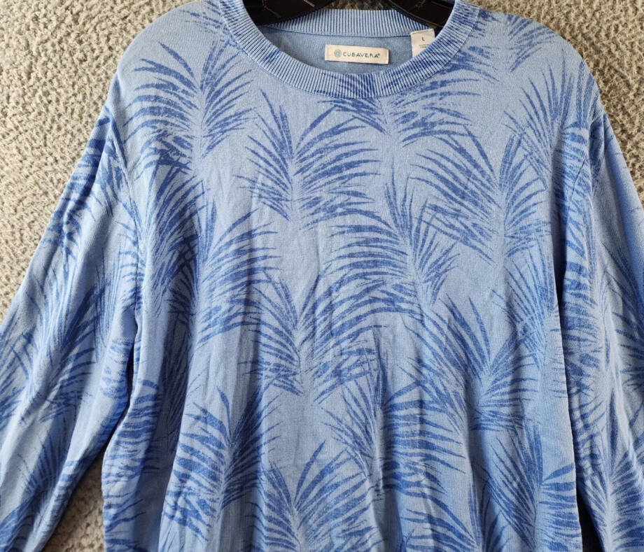 Cubavera Palm Print Crewneck Jacquard Sweater Men's L Della Robin Blue Pullover