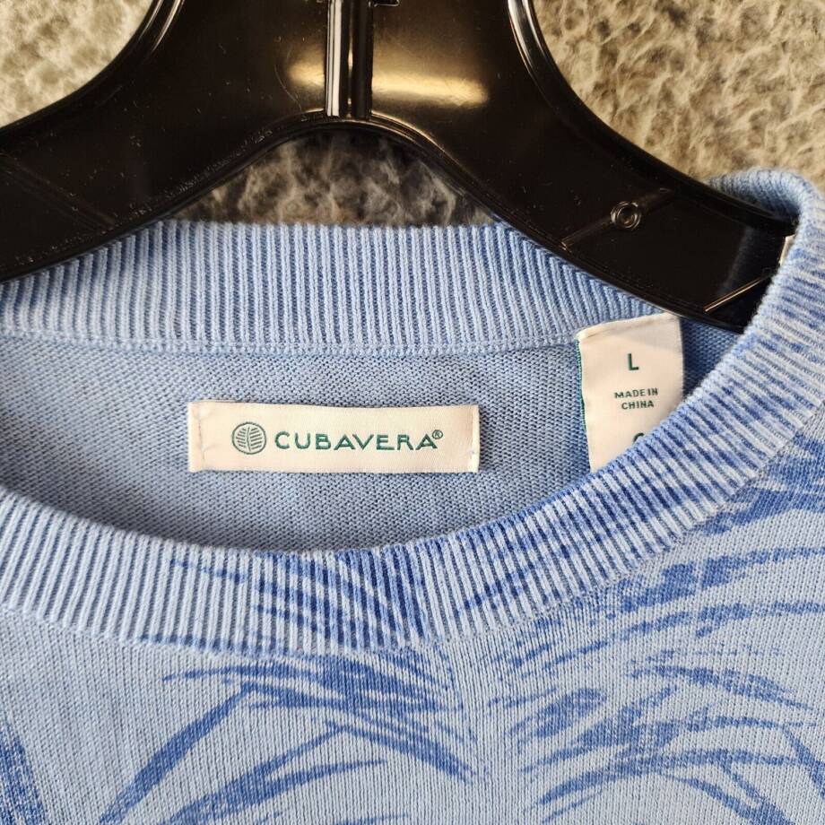 Cubavera Palm Print Crewneck Jacquard Sweater Men's L Della Robin Blue Pullover