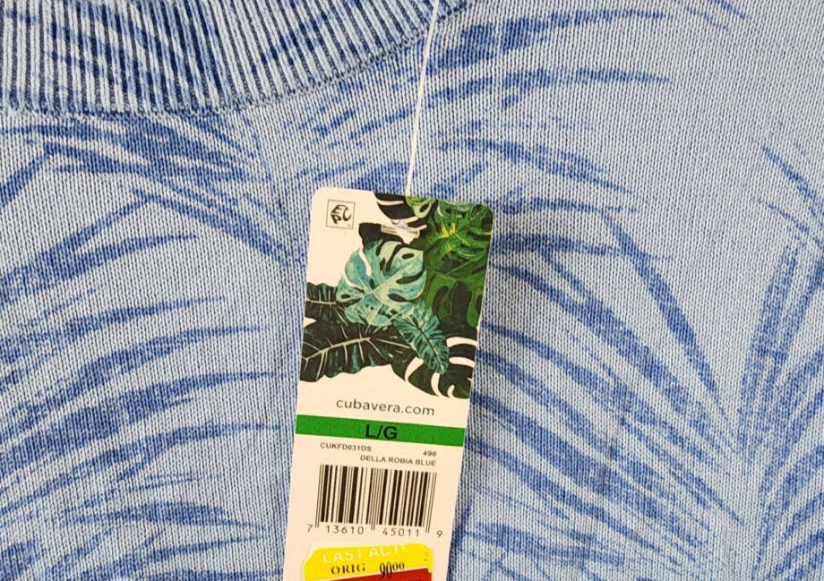 Cubavera Palm Print Crewneck Jacquard Sweater Men's L Della Robin Blue Pullover