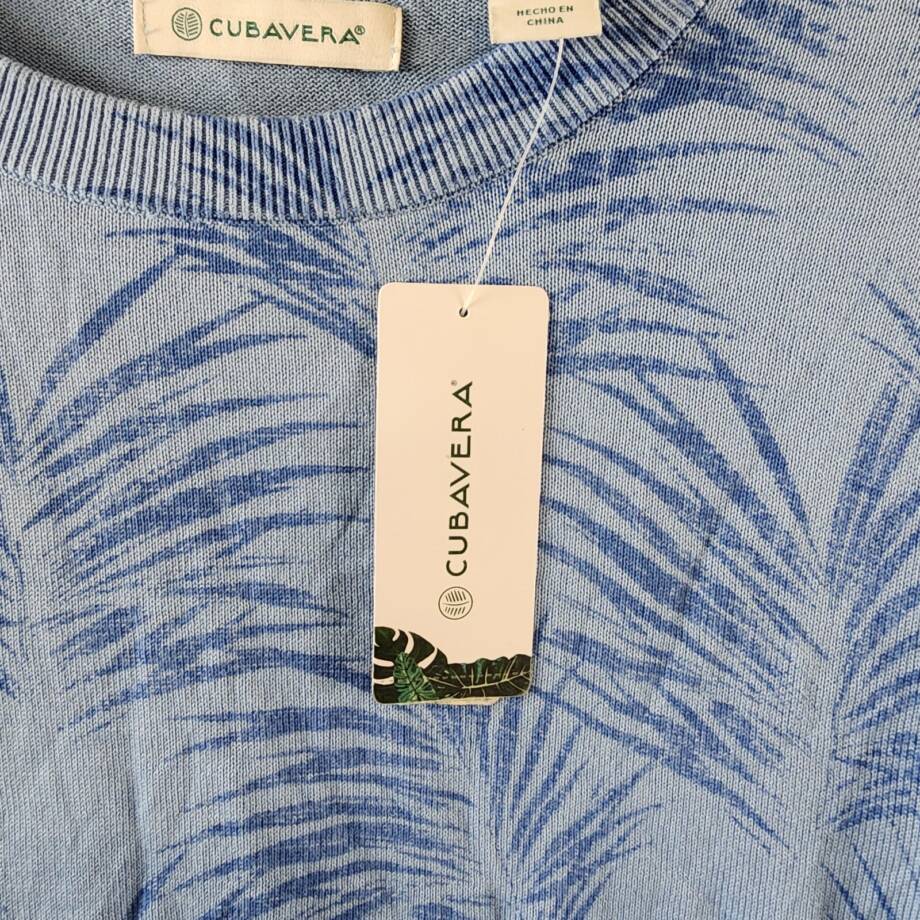 Cubavera Palm Print Crewneck Jacquard Sweater Men's L Della Robin Blue Pullover