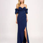 Emerald Sundae Off-the-Shoulder Slit Gown Juniors' XS Navy Sweetheart Neck S/S