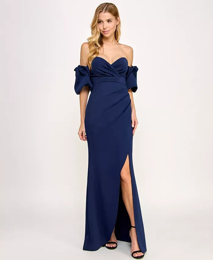Emerald Sundae Off-the-Shoulder Slit Gown Juniors' XS Navy Sweetheart Neck S/S