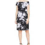SLNY Off-The-Shoulder Floral Print Sheath Dress Women's 6 Black Multi Back Zip
