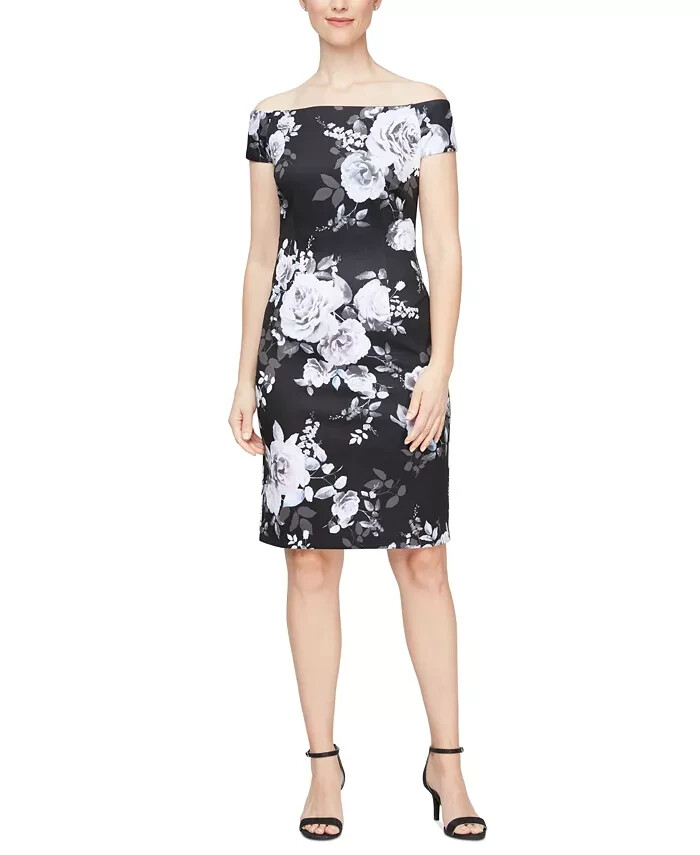 SLNY Off-The-Shoulder Floral Print Sheath Dress Women's 6 Black Multi Back Zip