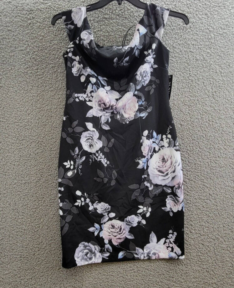 SLNY Off-The-Shoulder Floral Print Sheath Dress Women's 6 Black Multi Back Zip