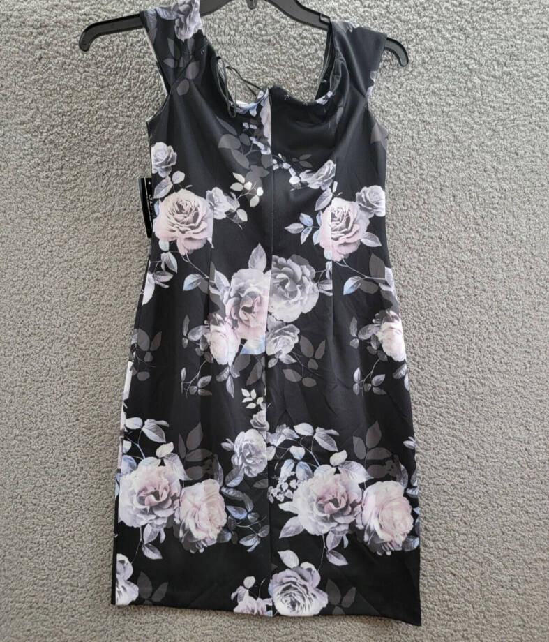 SLNY Off-The-Shoulder Floral Print Sheath Dress Women's 6 Black Multi Back Zip