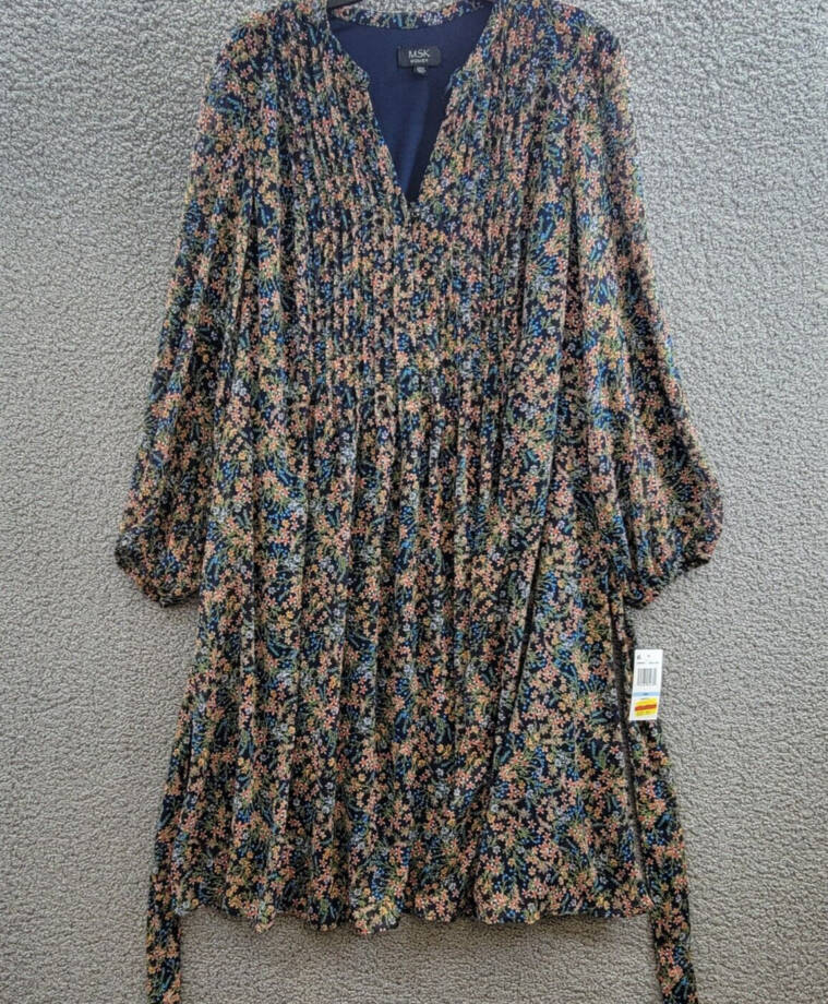 MSK Plus Size Floral-Print Chiffon Pintuck Shirtdress Women's 20W Navy Multi L/S