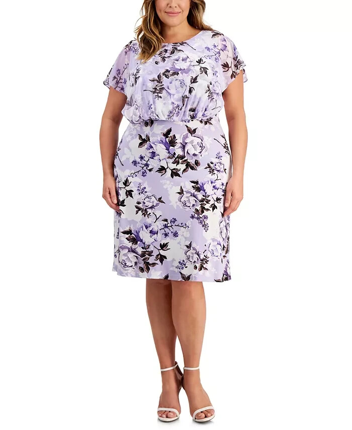 Connected Plus Size Floral-Print Overlay A-Line Dress Women's 22W Light Lavender