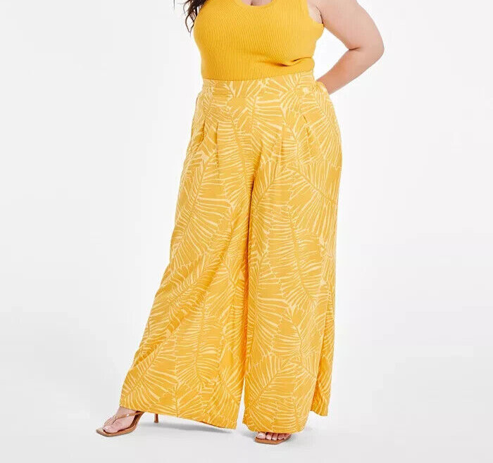 Nina Parker Trendy Plus Size Wide-Leg Pants Women's 4X Golden Palm Elastic Waist
