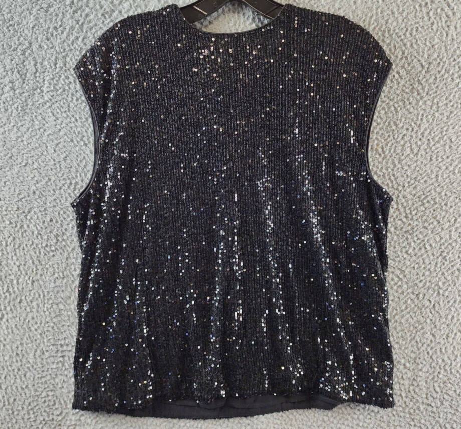 Calvin Klein Sequin Cap Sleeve Top Women's Large Black Back Zip Closure