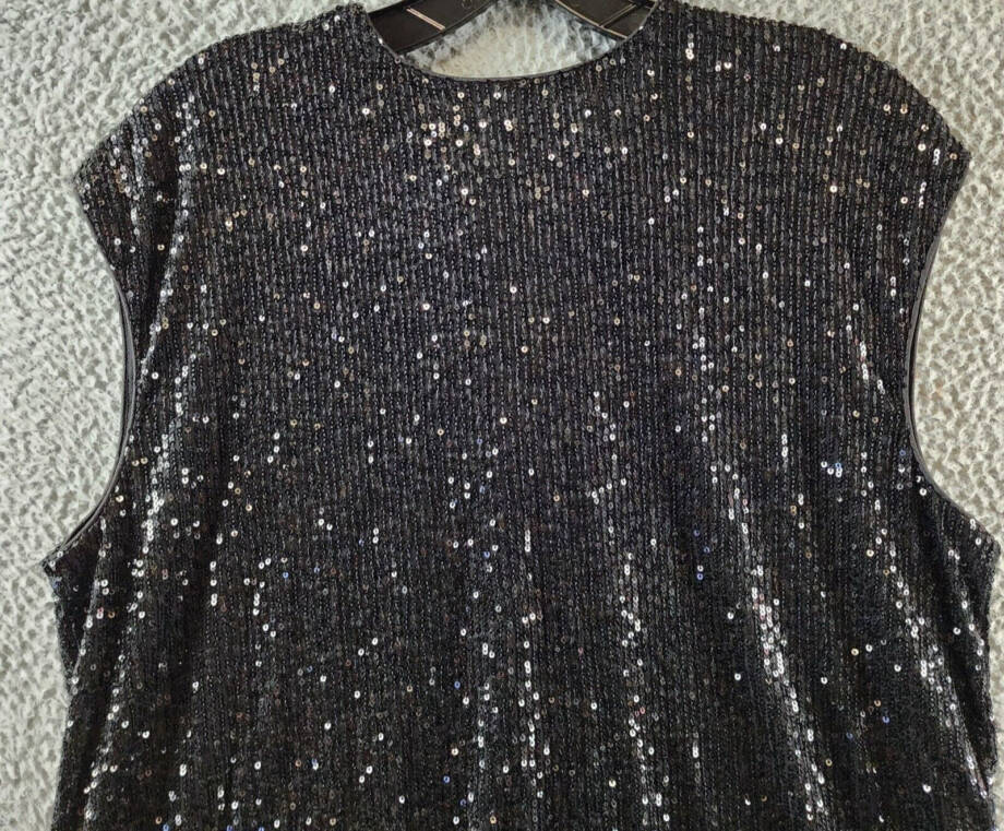 Calvin Klein Sequin Cap Sleeve Top Women's Large Black Back Zip Closure