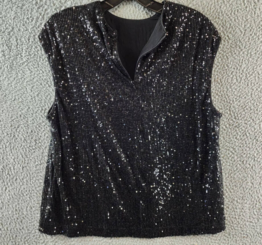 Calvin Klein Sequin Cap Sleeve Top Women's Large Black Back Zip Closure