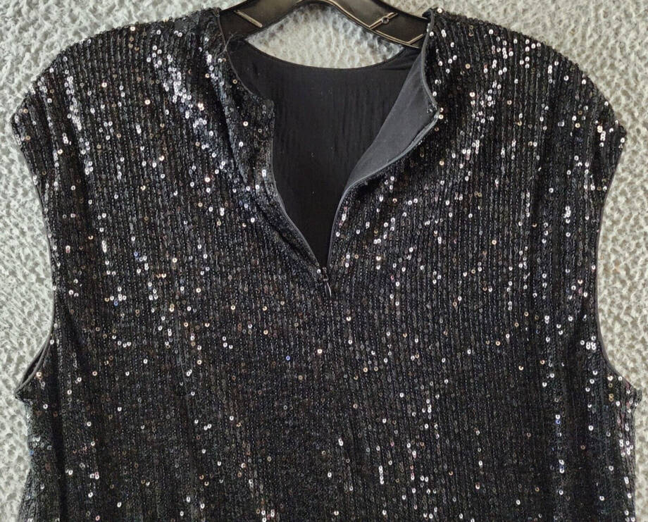 Calvin Klein Sequin Cap Sleeve Top Women's Large Black Back Zip Closure