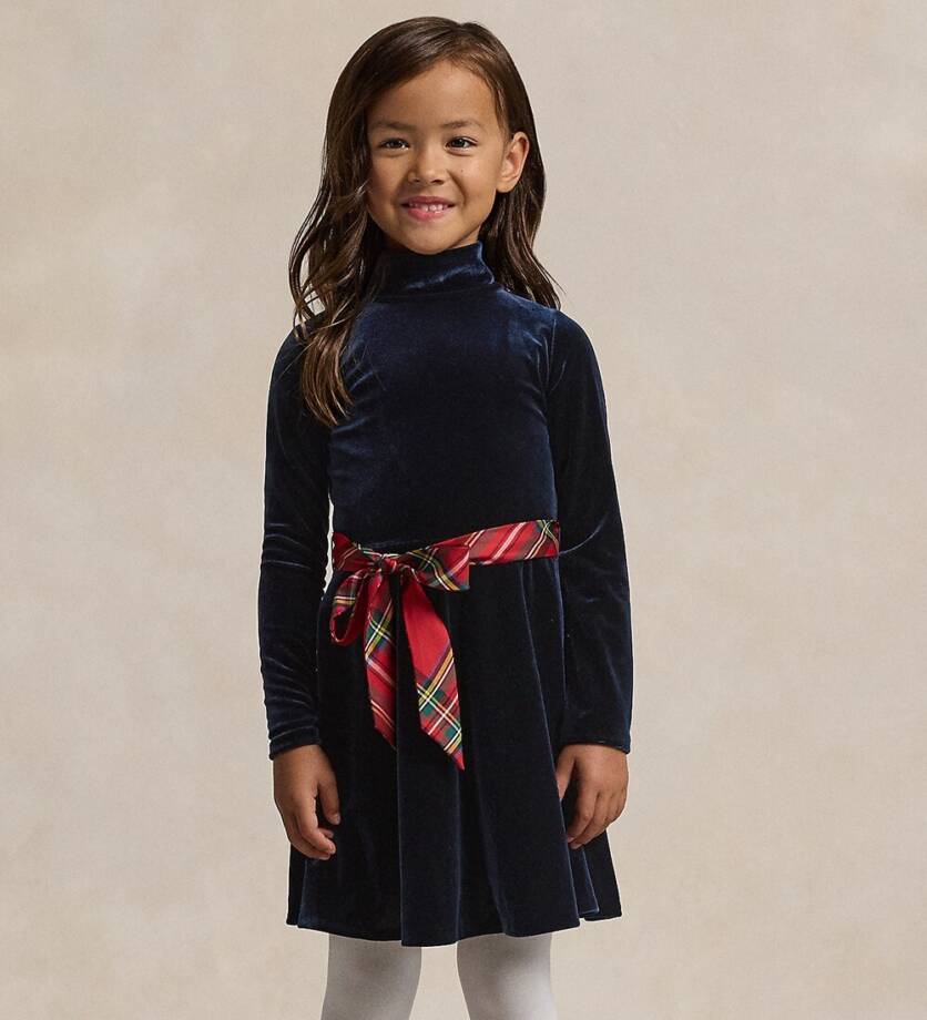 Polo Ralph Lauren Velvet High-Neck Mini Dress Girls' XL (16) Navy Button Neck