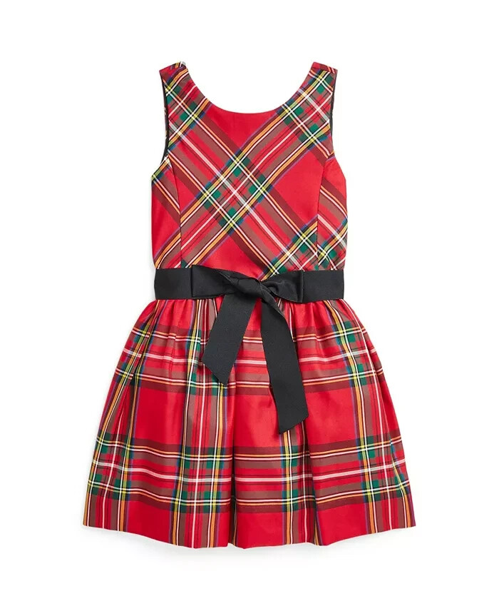 Polo Ralph Lauren Plaid Twill Dress Little Girls' 3 Red Multi Tie Waist Buttoned