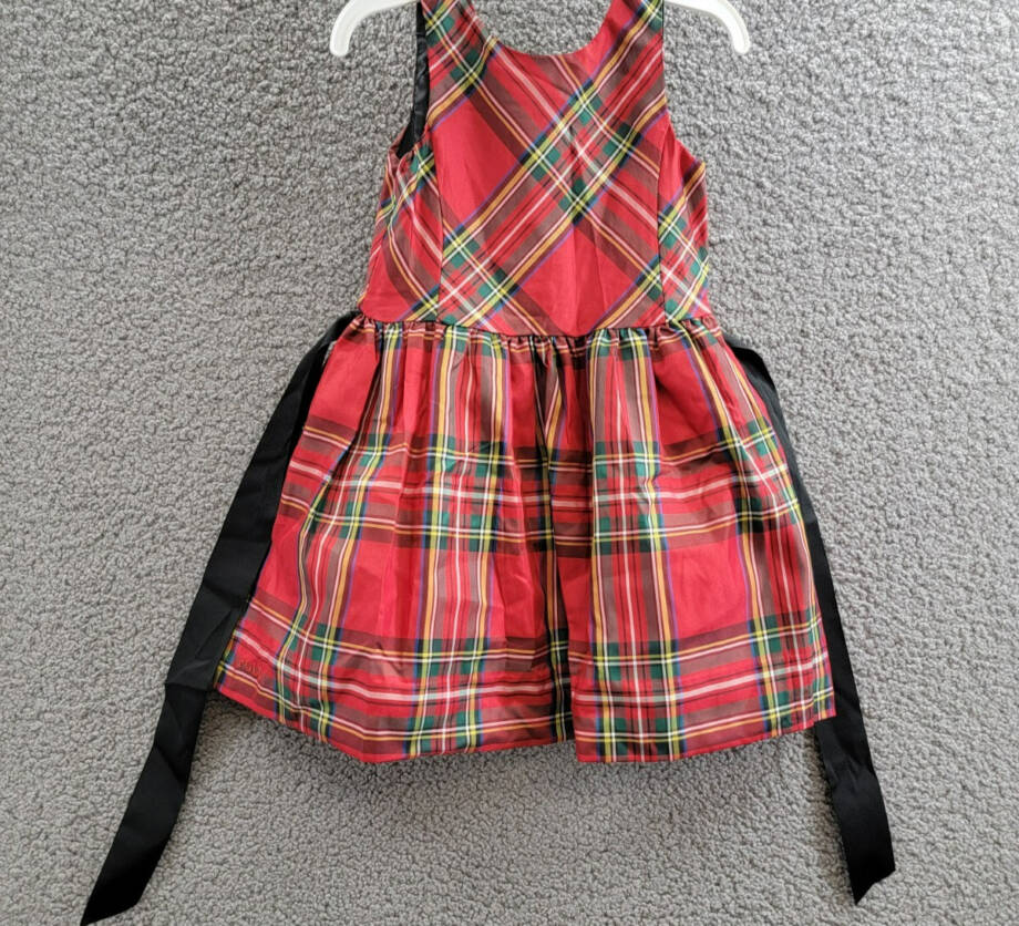 Polo Ralph Lauren Plaid Twill Dress Little Girls' 3 Red Multi Tie Waist Buttoned