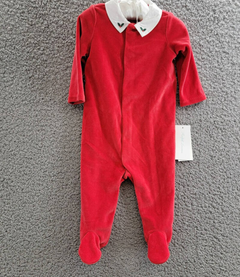 Ralph Lauren Embroidered Velour Footed Coverall Baby Boys' 6M Red Snap Placket
