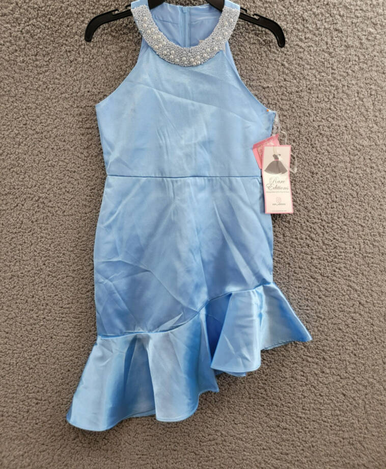 Rare Editions Sleeveless Imitation Pearl Halter Dress Big Girls 8 Blue Back Zip