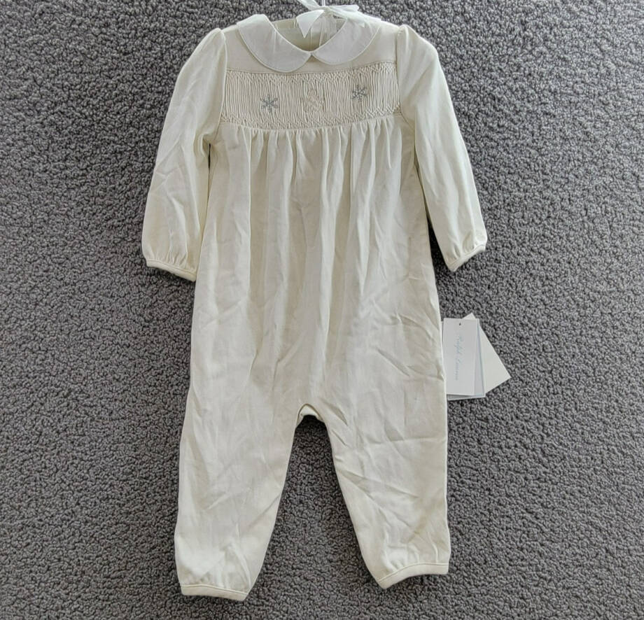 Ralph Lauren Snowflake Smocked Coveralls Baby Girl's 12M White Button Back L/S