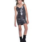 With Jules Metallic Ruched Mini Dress Big Girls XL Black Surplice Neck Back Zip