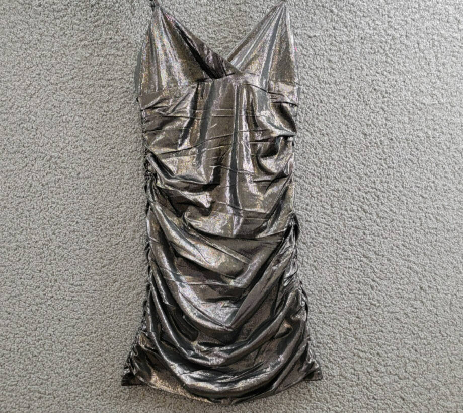 With Jules Metallic Ruched Mini Dress Big Girls XL Black Surplice Neck Back Zip