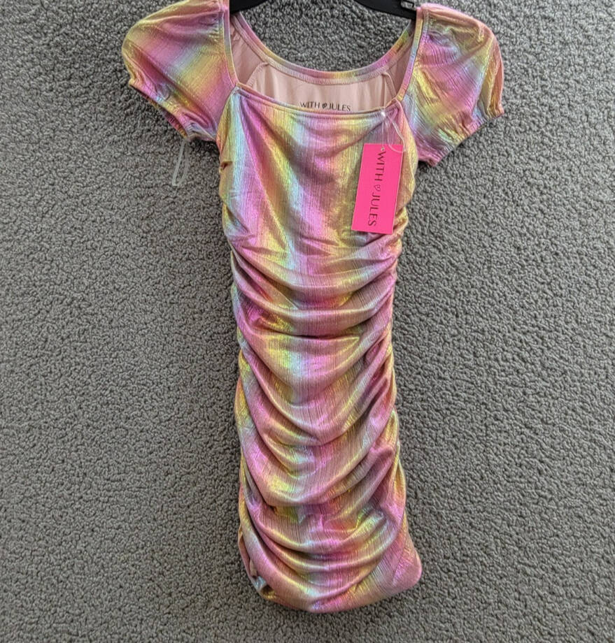 With Jules Ruched Square-Neck Mesh Dress Big Girls S Multi Short Sleeve Pullover
