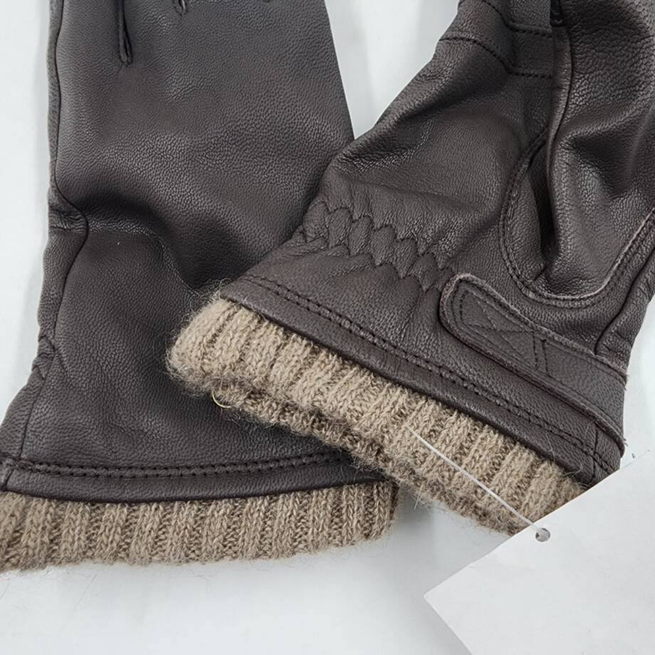 Macy's Ribbed Cuff Genuine Leather Gloves Women's M Dark Brown