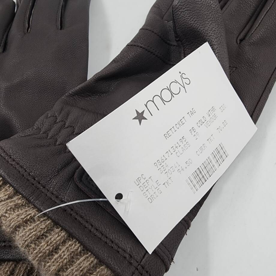 Macy's Ribbed Cuff Genuine Leather Gloves Women's M Dark Brown