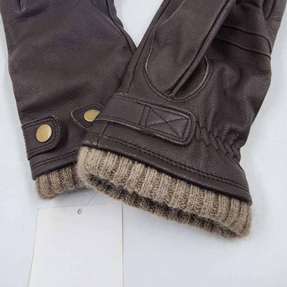 Macy's Ribbed Cuff Genuine Leather Gloves Women's M Dark Brown