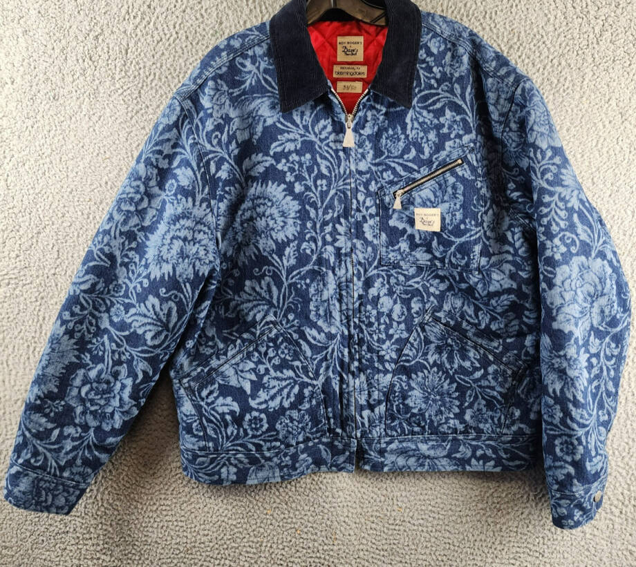 Roy Roger's x Dave's New York Zip Front Lasered Denim Jacket Men's L Blue Floral