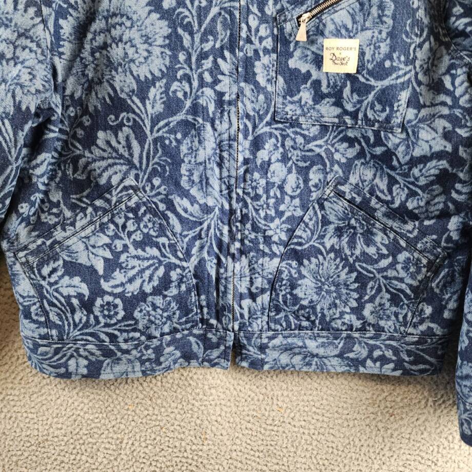 Roy Roger's x Dave's New York Zip Front Lasered Denim Jacket Men's L Blue Floral