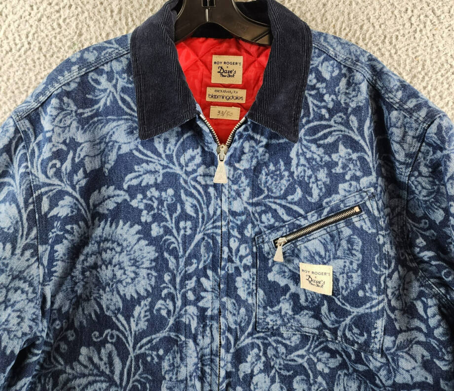 Roy Roger's x Dave's New York Zip Front Lasered Denim Jacket Men's L Blue Floral