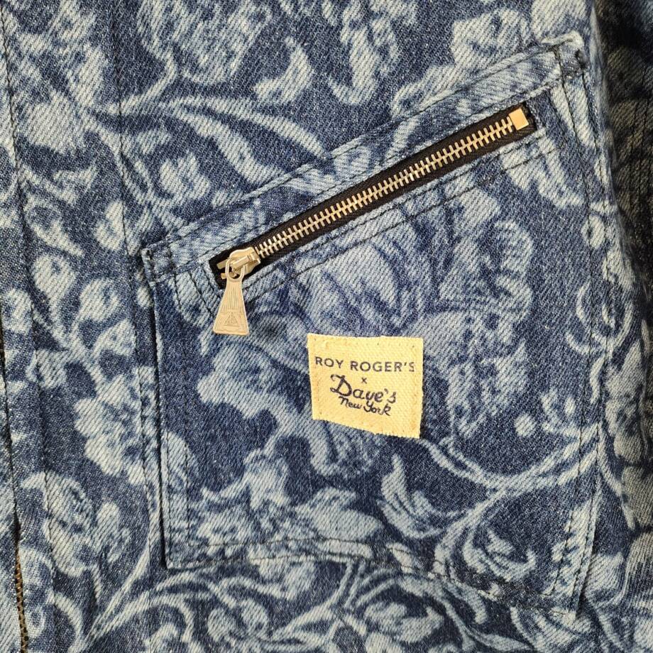 Roy Roger's x Dave's New York Zip Front Lasered Denim Jacket Men's L Blue Floral