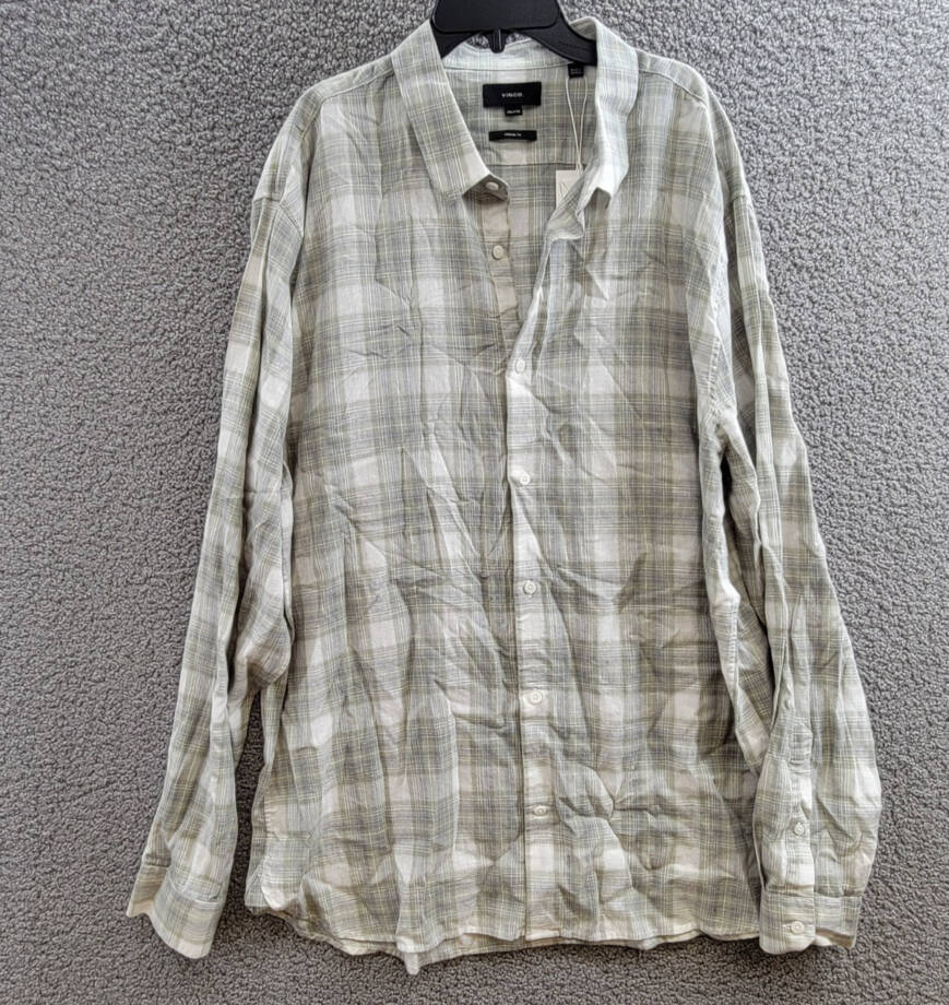 Vince Salton Plaid Shirt Men's XXL Alabaster Long Sleeve Button Closure