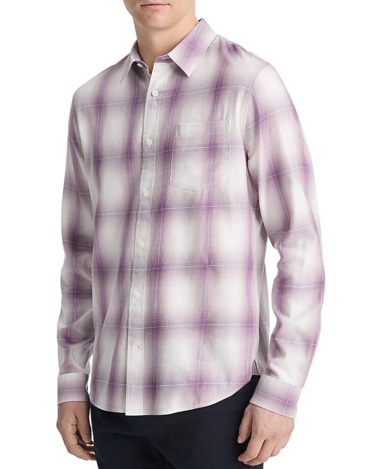 Vince Mirage Plaid Classic Fit Shirt Men's L Purple Front Pockets Button Closure