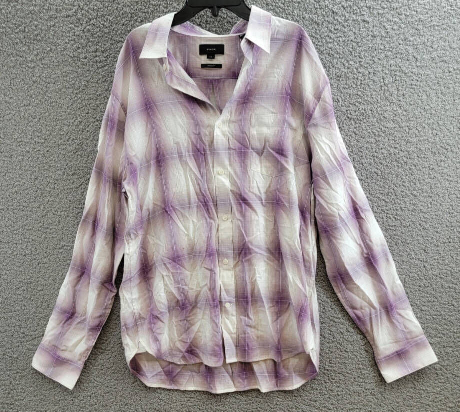Vince Mirage Plaid Classic Fit Shirt Men's L Purple Front Pockets Button Closure