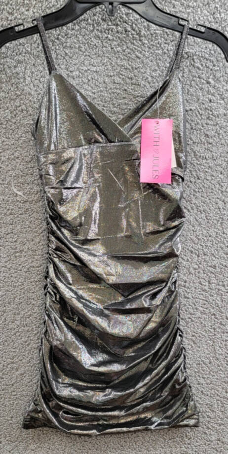 With Jules Metallic Ruched Mini Dress Big Girls S Black Surplice Neck Back Zip