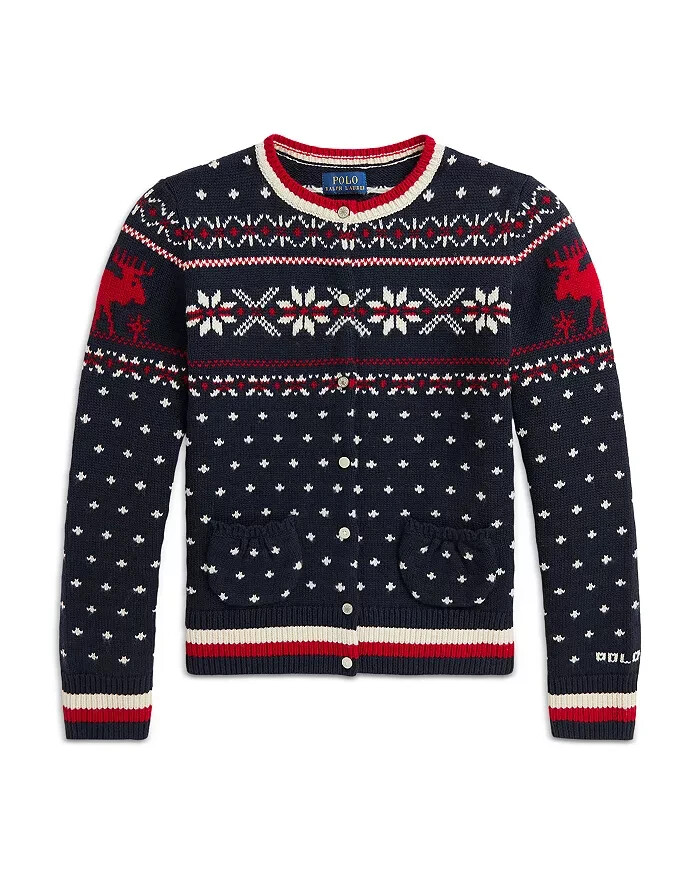 Polo Ralph Lauren Snowflake Cardigan Girls' 2 Navy Multi Crewneck Front Button