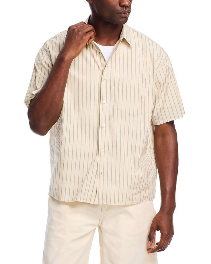 John Elliott Printed Poplin Short Sleeve Shirt Men's L Tan/Blue Button Closure
