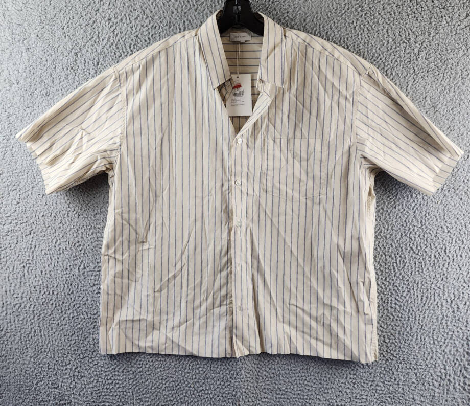 John Elliott Printed Poplin Short Sleeve Shirt Men's L Tan/Blue Button Closure