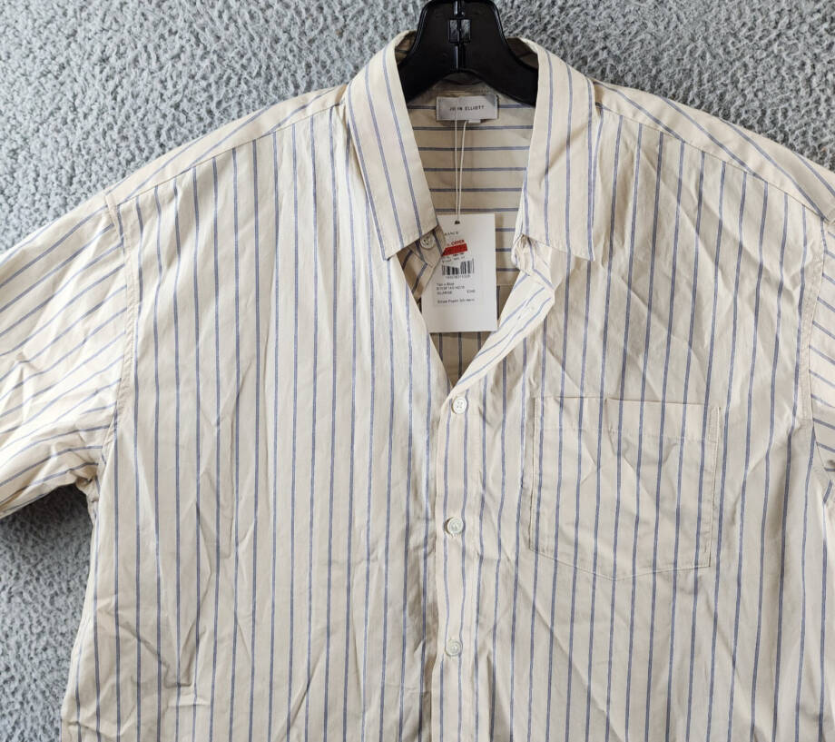 John Elliott Printed Poplin Short Sleeve Shirt Men's L Tan/Blue Button Closure